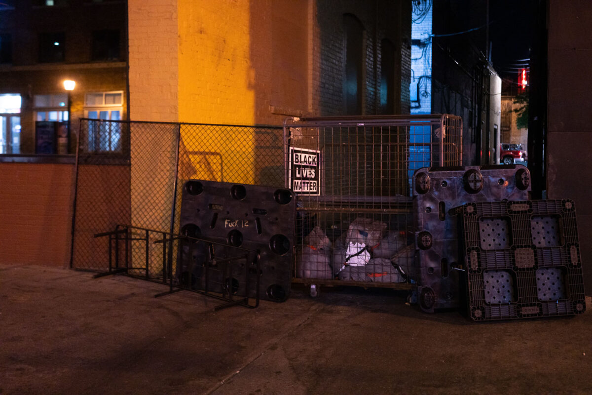 Alleys barricaded on Lake Street in Minneapolis.

The area has been a place of protest since Winston Smith was killed by law enforcement on top of a nearby parking ramp.