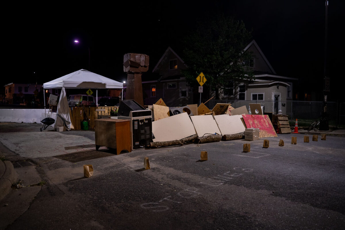 Street barricades at Columbus and 38th Street in South Minneapolis. The barricades are at the edge of George Floyd Square. They replace barricades the city removed days earlier in an attempt to open up the area to vehicular traffic.