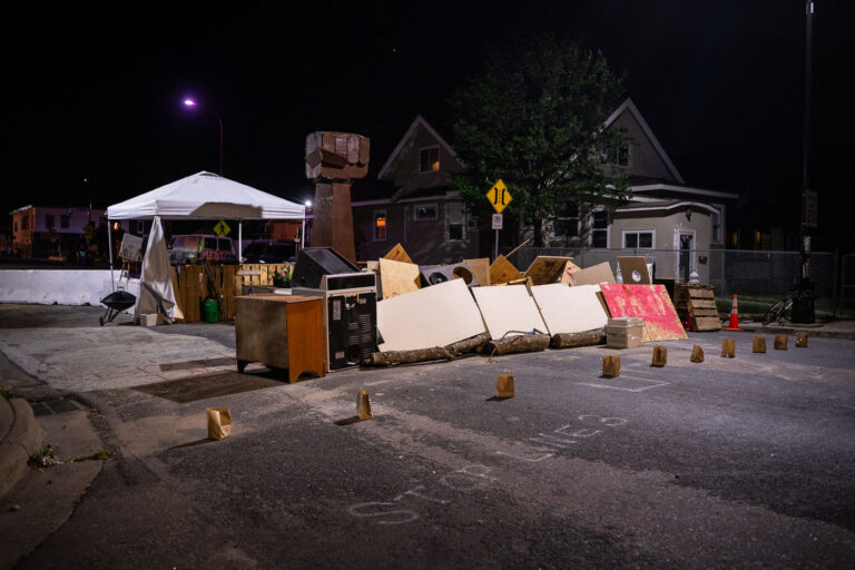 Barricaded streets at George Floyd Square 3 Street barricades at Columbus and 38th Street in South Minneapolis. The barricades are at the edge of George Floyd Square. They replace barricades the city removed days earlier in an attempt to open up the area to vehicular traffic.