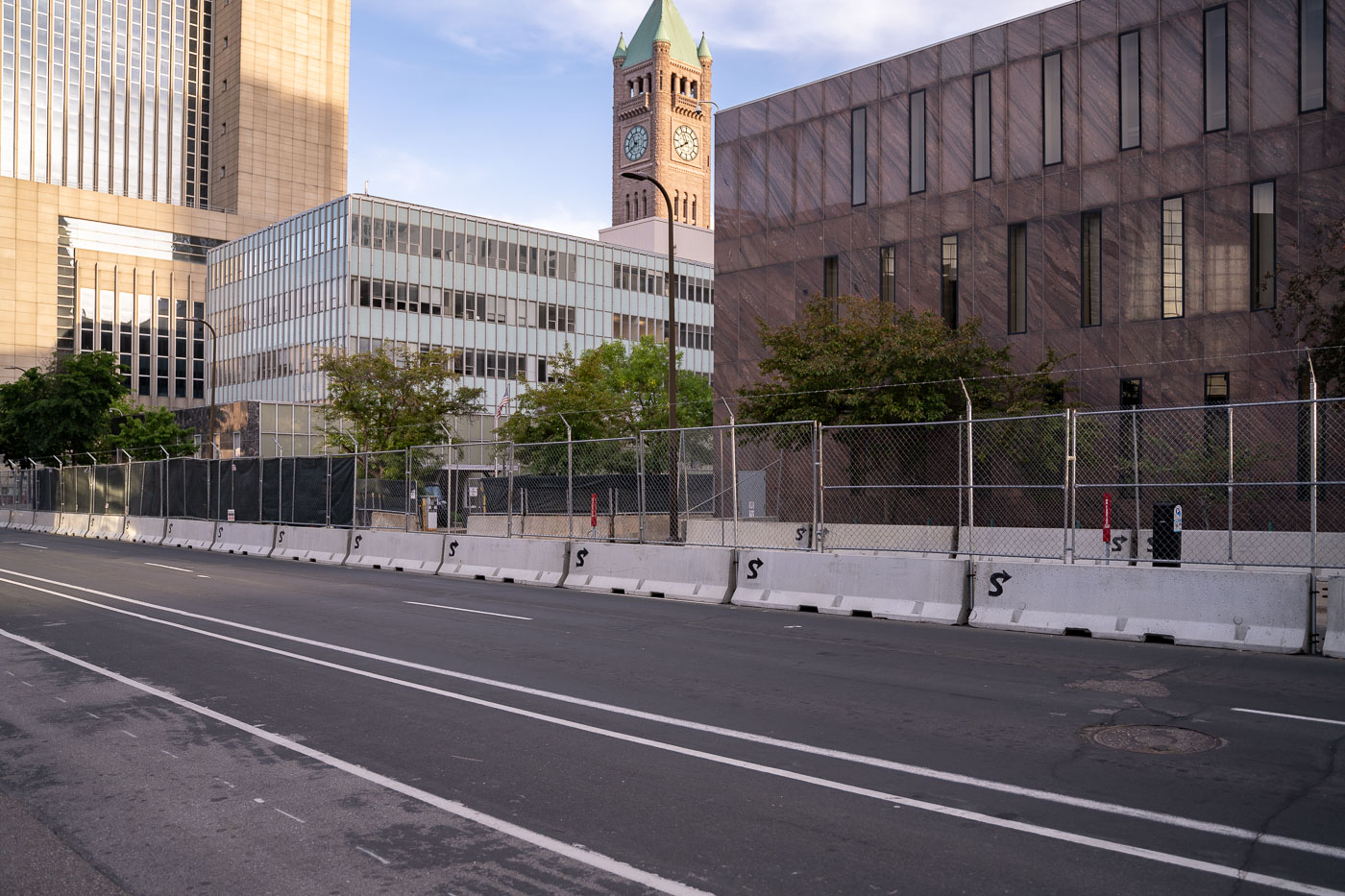 Barricades around temporary police station in Downtown Minneapolis