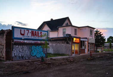 Hop Wong Chinese Restaurant on Chicago Avenue in Minneapolis on June 9, 2021 during major street construction.