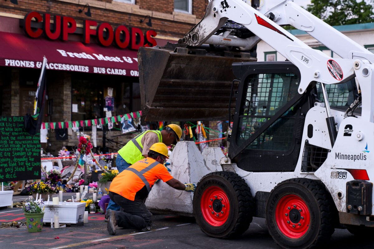 City employees place concrete barricades around the location of George Floyd's murder. The area inside George Floyd Square has been a protest zone since his murder by the Minneapolis Police.