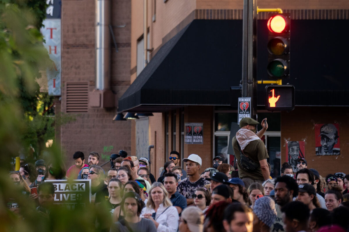 Protesters at the corner of Lake Street and Girard following the June 3rd Federal Task Force killing of Winston Smith and the death of Deona Marie on June 13th. 

Marie was killed when Nicholas Kraus drove his vehicle into those protesting the killing of Smith.