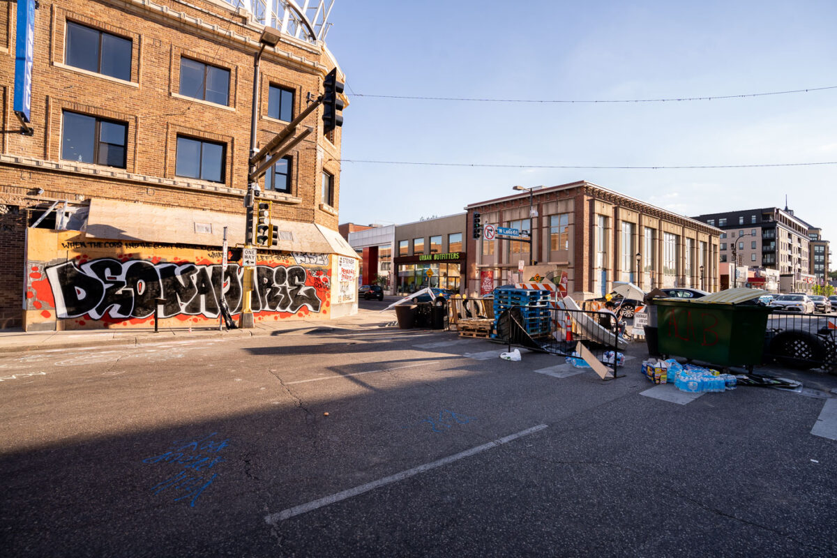 Street barricades at Hennepin Avenue and Lake Street. The barricades were put in place following the June 3rd shooting death of Winston Smith by a Federal Task Force and the June 13th killing of Deona Marie.

Marie was killed when Nicholas Kraus drove his vehicle into those protesting the killing of Smith.