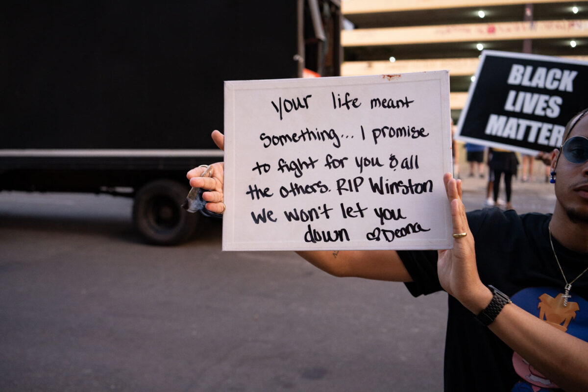 A protester holds up what he says was a sign Deona Marie made while protesting the Winston Smith killing.

Deona Marie was killed on June 3rd when Nicholas Kraus drove his vehicle into those protesting the killing of Smith.

Winston Smith was killed after Hennepin and Ramsey County officers fired their weapons while part of a Federal Task Force serving a warrant.