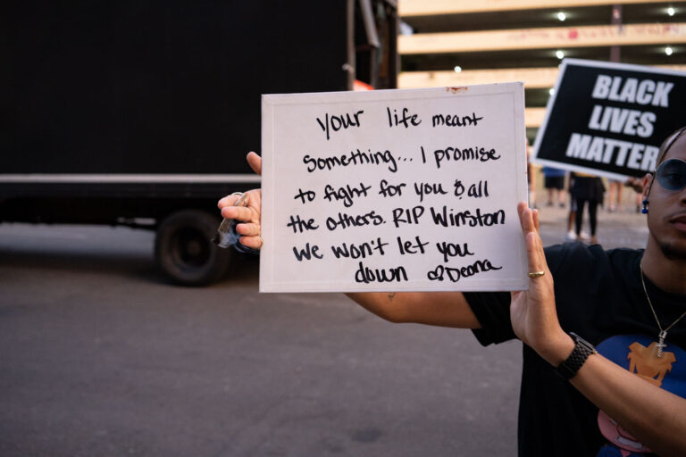 Deona Marie's last protest sign 3 A protester holds up what he says was a sign Deona Marie made while protesting the Winston Smith killing.Deona Marie was killed on June 3rd when Nicholas Kraus drove his vehicle into those protesting the killing of Smith.Winston Smith was killed after Hennepin and Ramsey County officers fired their weapons while part of a Federal Task Force serving a warrant.