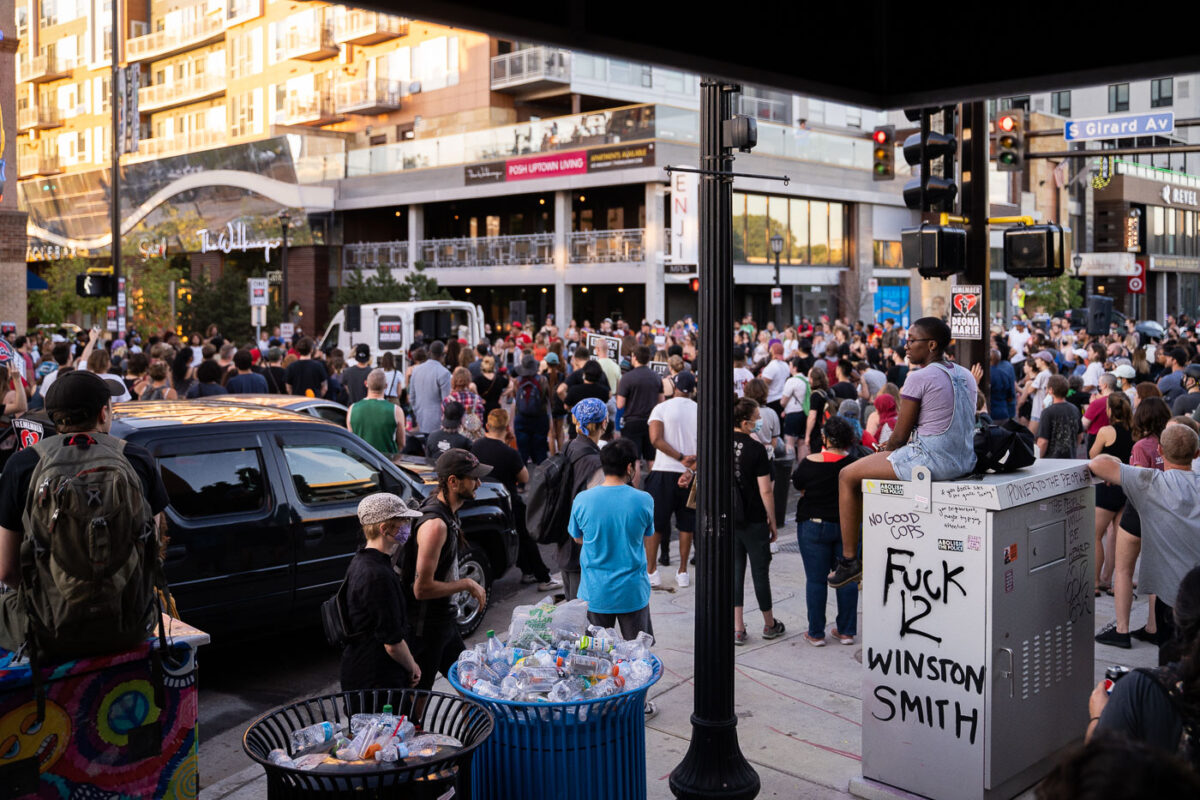 Protesters speak at the corner of Lake and Girard after marching through Uptown Minneapolis.

Winston Smith was killed by law enforcement on June 3rd and Deona Marie was killed when a man drove a vehicle through protesters barricades.