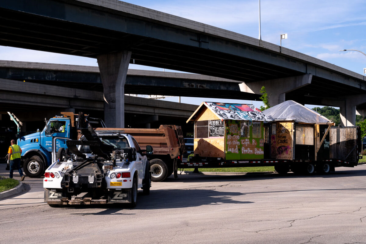 The warming shelters used at George Floyd Square arriving at City of Minneapolis impound lots after the city opened up the area to vehiclular traffic.