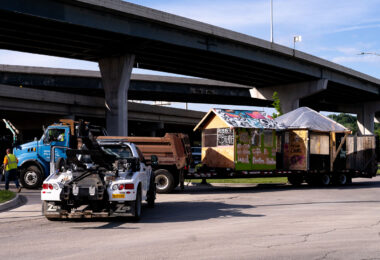 The warming shelters used at George Floyd Square arriving at City of Minneapolis impound lots after the city opened up the area to vehicular traffic.