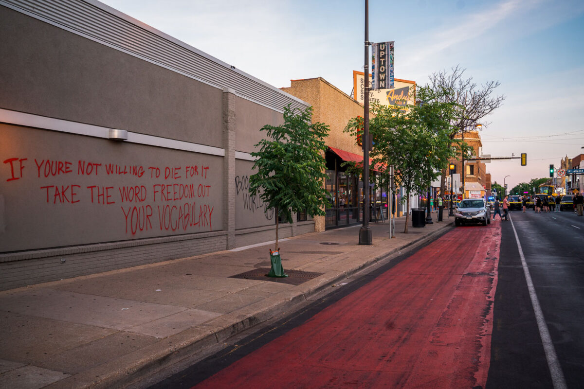 Graffiti on the side of McDonalds on Hennepin during Winston Smith and Deona Marie protests.

Winston Smith was killed after Hennepin and Ramsey County officers fired their weapons while part of a Federal Task Force serving a warrant. 

Deona Marie was killed when Nicholas Kraus drove his vehicle into those protesting the killing of Smith.