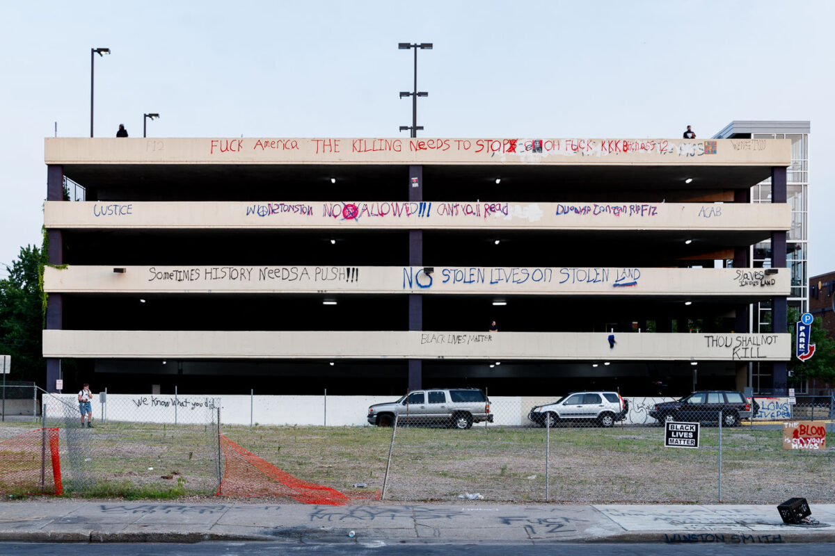 The parking ramp where law enforcement shot and killed Winston Smith on June 3rd. Graffiti reading “Fuck America the killing needs to stop” among other things.

Winston Smith was killed after Hennepin and Ramsey County officers fired their weapons while part of a Federal Task Force serving a warrant.