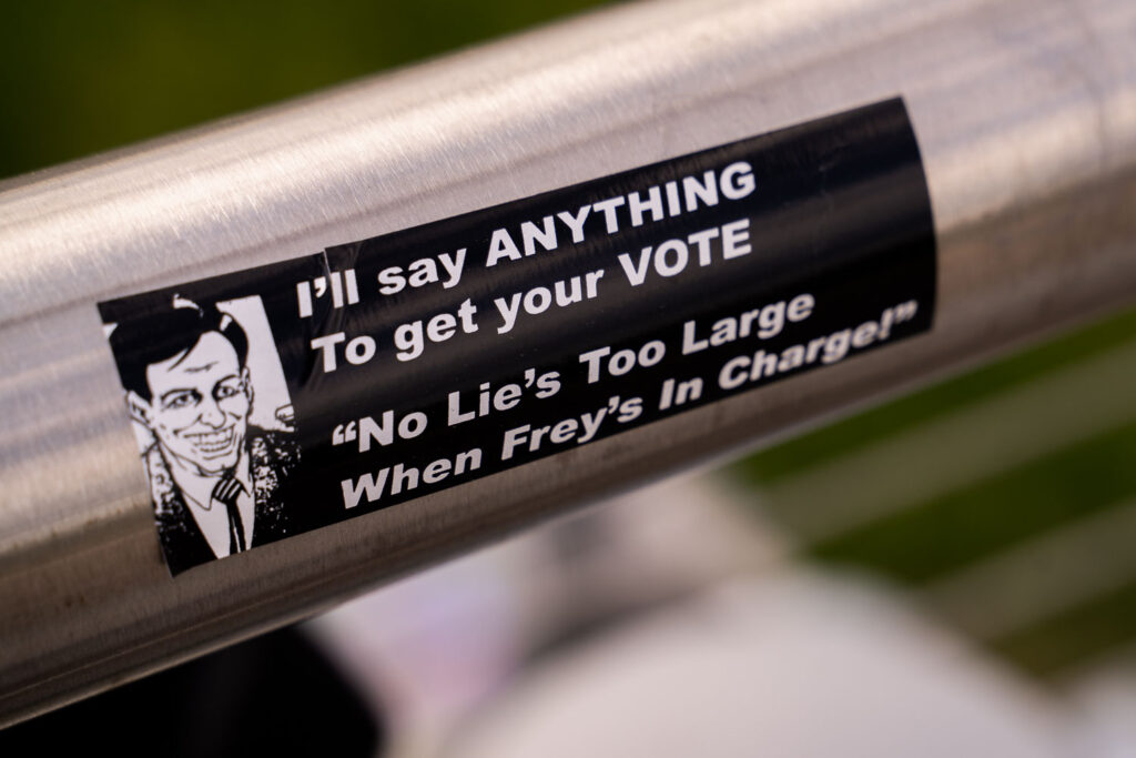 A sticker mentioning Minneapolis Mayor Jacob Frey.