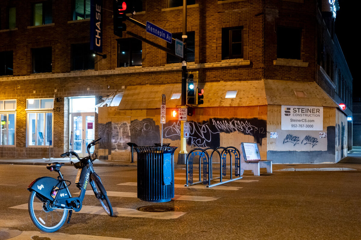 A bike, garbage can, bike rack, bench used as street barricades on Lake Street at Hennepin Avenue during continuing protests following the June 3rd law enforcement shooting death of Winsotn Smith.