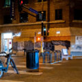 A bike, garbage can, bike rack, bench used as street barricades on Lake Street at Hennepin Avenue during continuing protests following the June 3rd law enforcement shooting death of Winsotn Smith.