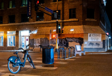 A bike, garbage can, bike rack, bench used as street barricades on Lake Street at Hennepin Avenue during continuing protests following the June 3rd law enforcement shooting death of Winsotn Smith.