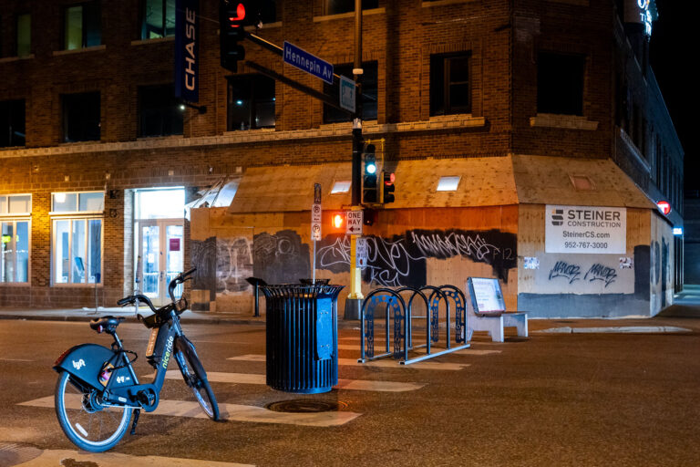 Makeshift street barricades on Lake Street in Minneapolis 3 A bike, garbage can, bike rack, bench used as street barricades on Lake Street at Hennepin Avenue during continuing protests following the June 3rd law enforcement shooting death of Winsotn Smith.