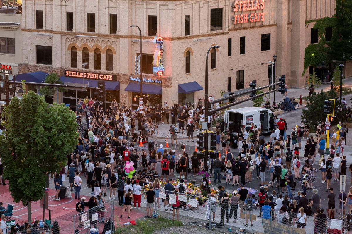 Large crowd gathered at the intersection of Lake and Girard in Uptown Minneapolis. The crowd is gathered to protest the shooting death of Winston Smith who was killed by a Federal Task Force on June 3rd.