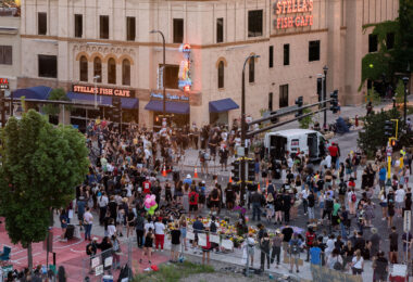 Large crowd gathered at the intersection of Lake and Girard in Uptown Minneapolis. The crowd is gathered to protest the shooting death of Winston Smith who was killed by a Federal Task Force on June 3rd.