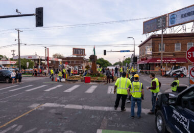 Minneapolis city workers coordinate to remove street barricades around George Floyd Square. The square has been a protest zone since the murder of George Floyd.