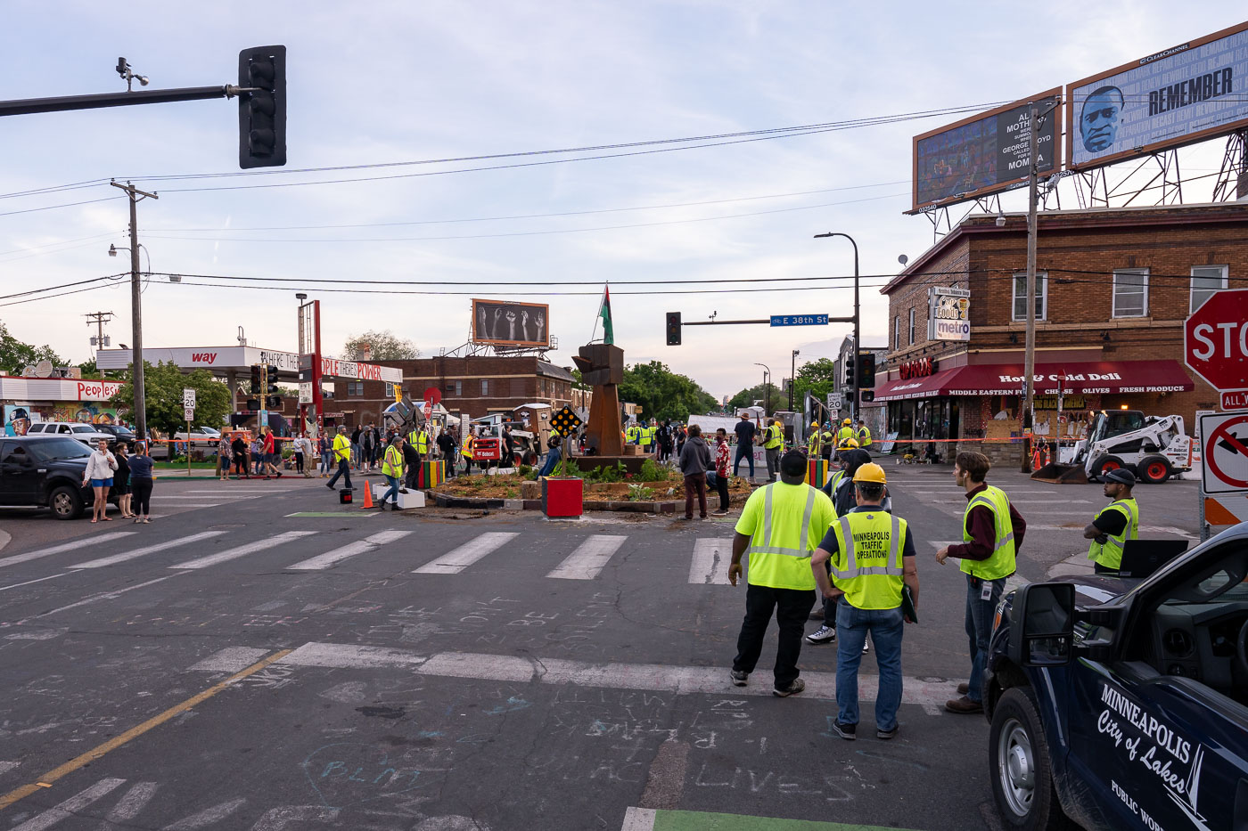 Minneapolis city workers at George Floyd Square in 2021