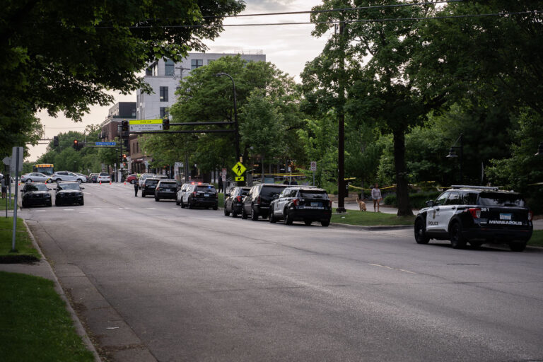Minneapolis Police surround Winston Smith parking garage 2 Minneapolis police squad cars line the streets around the parking ramp that Winston Smith was shot and killed on top of hours earlier.