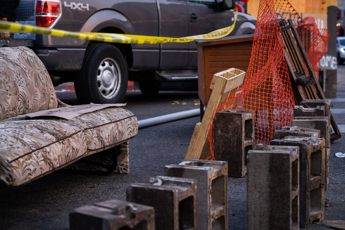 Furniture and concrete blocks being used as barricades by protesters at Hennepin Ave and Lake Street in Uptown Minneapolis. Protesters have been gathering since the June 3rd killing of Winston Smith by law enforcement.