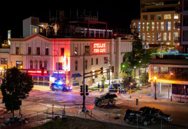 The wreckage of the vehicle driven by Nicholas Kraus and the car he ran into. Kraus drove into vehicles used as a barricade for those protesting the law enforcement shooting death of Winston Smith 10 days prior.