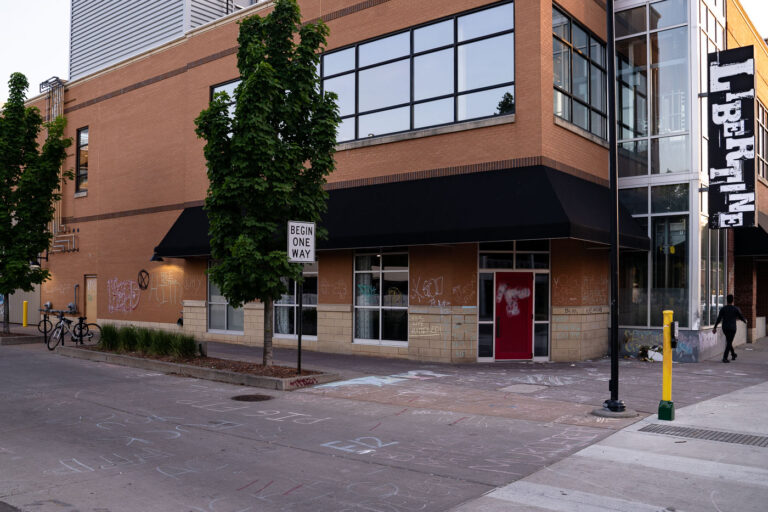 Seven Points Mall during Winston Smith protests 3 Chalk graffiti outside of Seven Points Mall. The area has been a place of protest since the June 3rd shooting death of Winston Smith by members of a Federal Task Force.