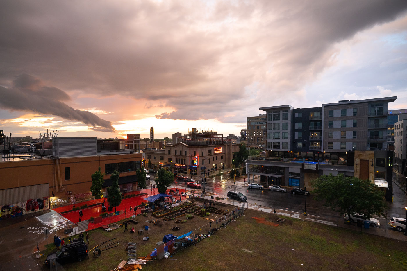 Skies over Winston Smith protest garden