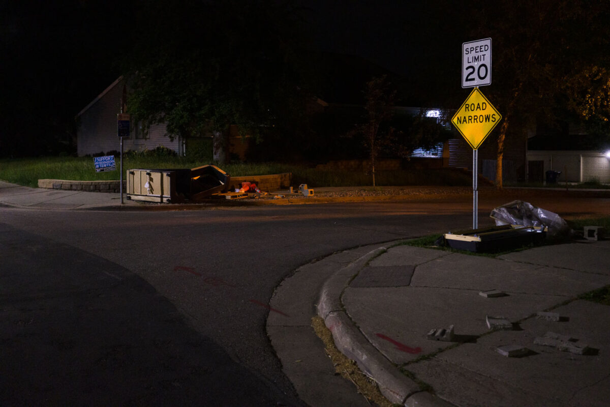 The street barricades that have been continuously added and removed at East 37th St and Chicago Avenue in George Floyd Square. Days earlier the city removed concrete barricades to open up vehicular traffic.