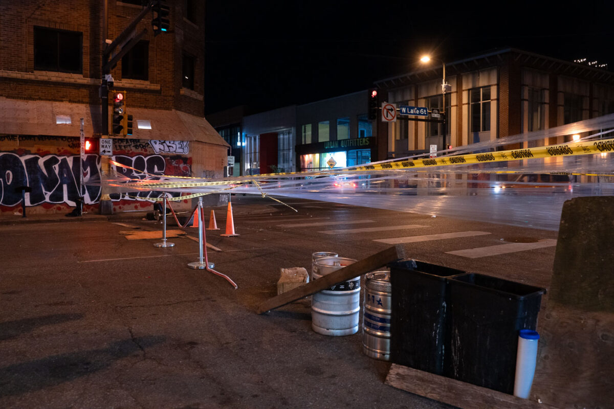 Street barricades at Hennepin Ave and Lake Street during protests over the deaths of Winston Smith and Deona Marie.

Winston Smith was killed after Hennepin and Ramsey County officers fired their weapons while part of a Federal Task Force serving a warrant. 

Deona Marie was killed when Nicholas Kraus drove his vehicle into those protesting the killing of Smith.