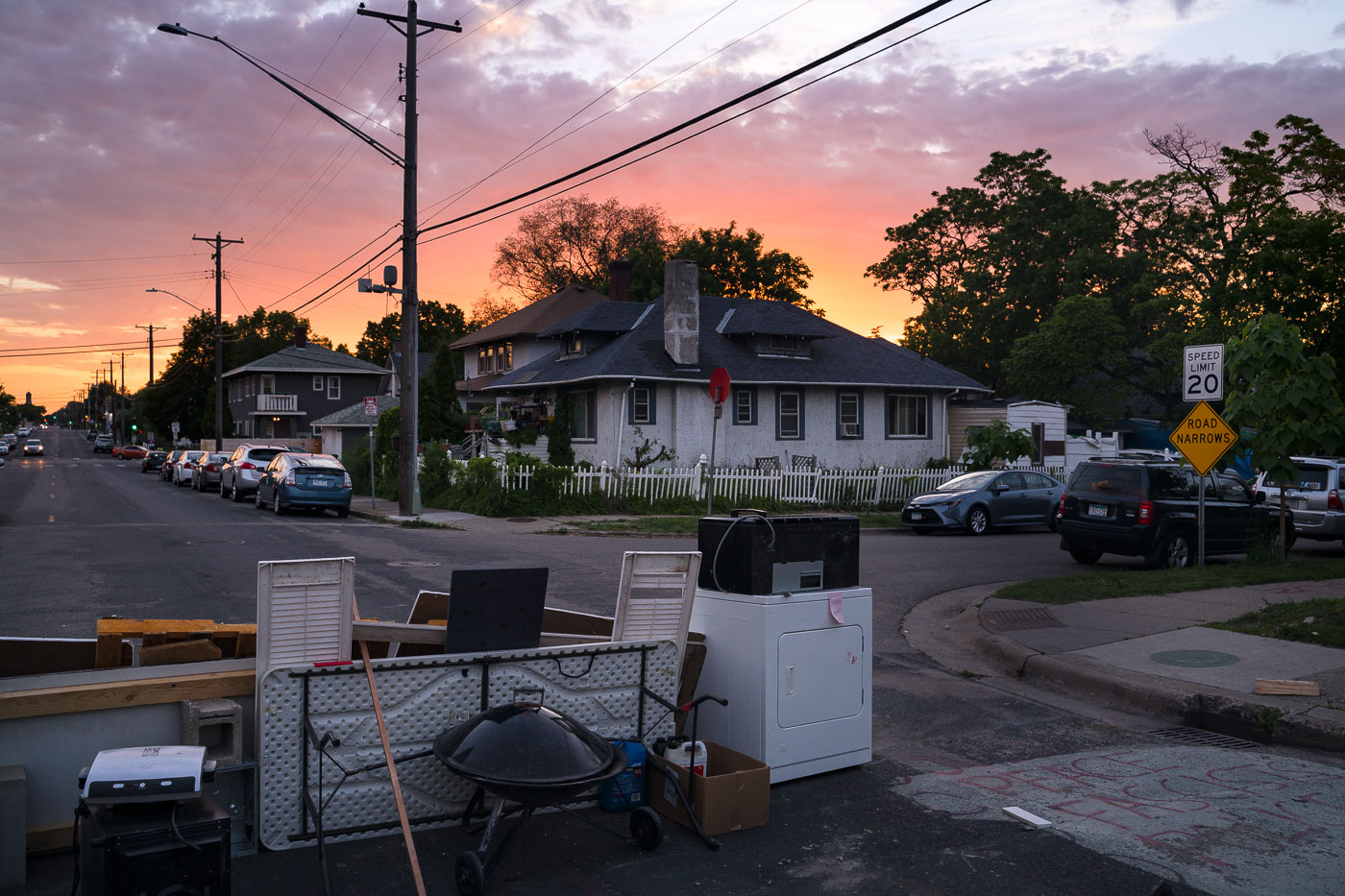 Sunset over barricades at George Floyd Square