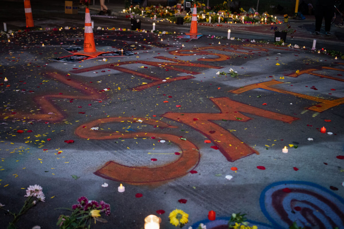 Minneapolis protesters continue to hold space through the night around Winston Smith and Deona Marie memorials. Stronger barricades blocking vehicles on W. Lake between Hennepin and Fremont where I saw several references to "Boogie World", Boogie is Winston Smith's middle name.

Winston Smith was killed by law enforcement on June 3rd and Deona Marie was killed when a man drove a vehicle through protesters barricades.