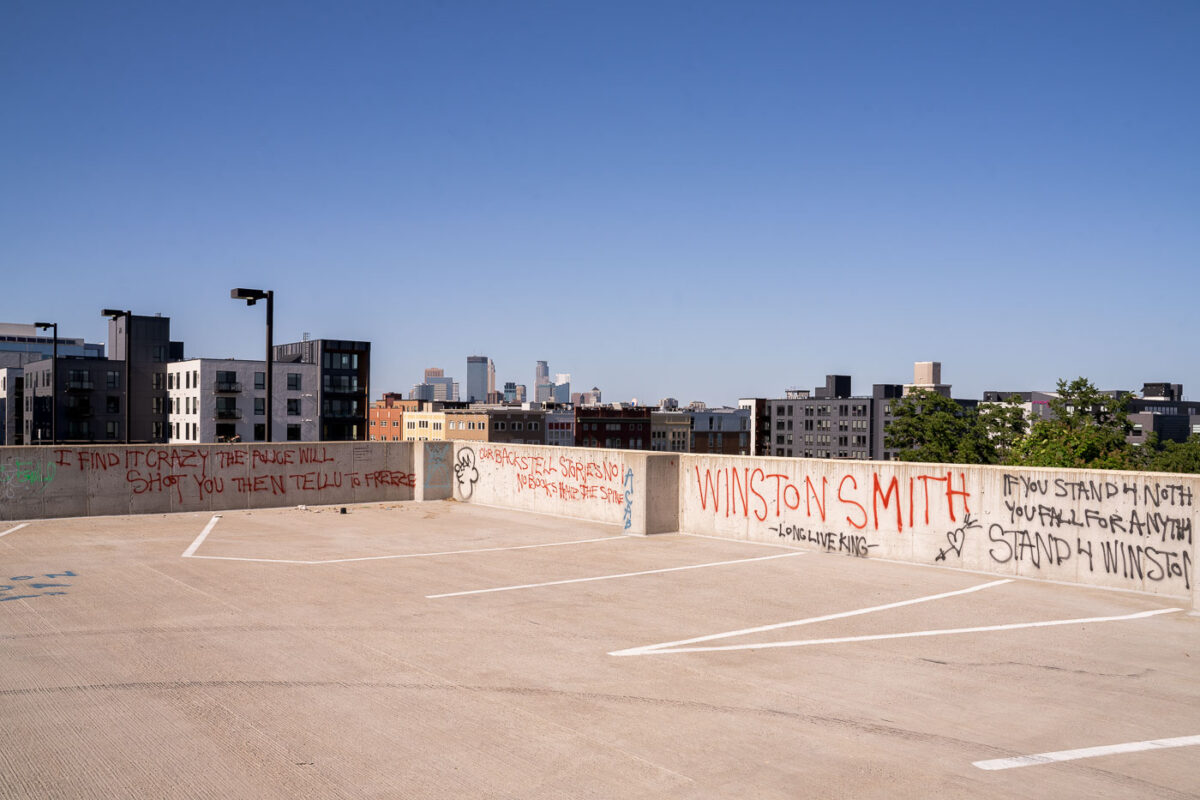 Graffiti on top of the parking ramp at Lake & Girard. Winston Smith was killed by a Federal Task Force on June 3rd.