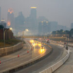 Smoke from Canadian wildfires in Minneapolis as seen from above Interstate 35W.