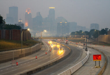Smoke from Canadian wildfires in Minneapolis as seen from above Interstate 35W.