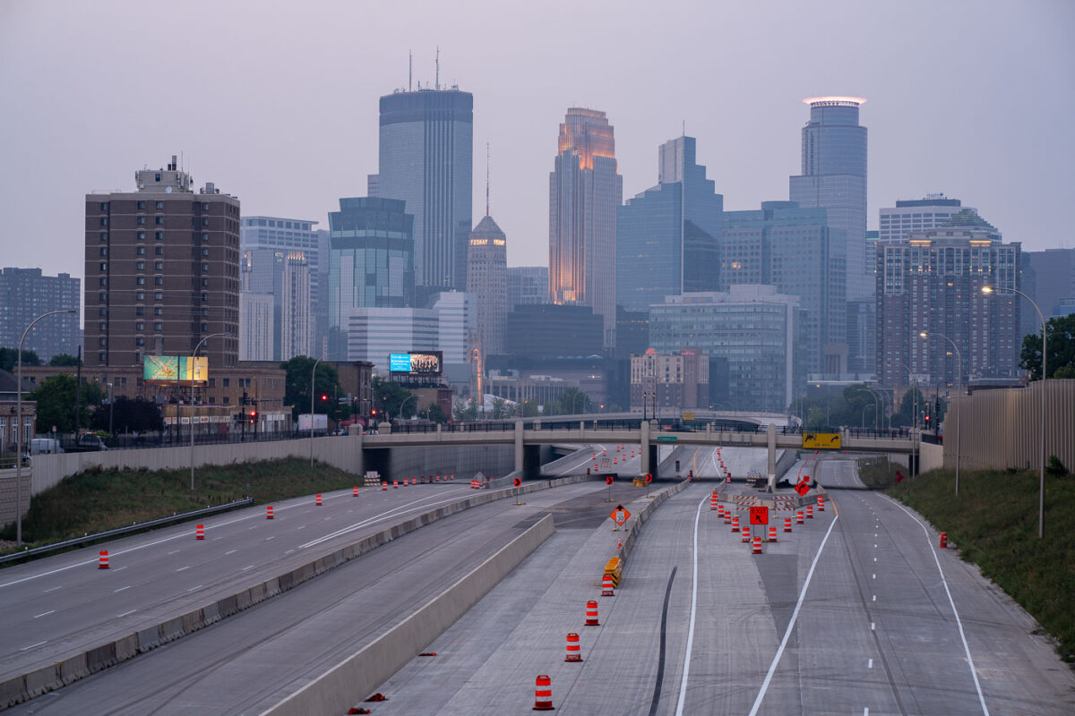 Downtown Minneapolis with wildfire haze.