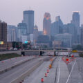 Downtown Minneapolis with wildfire haze.