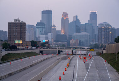 Downtown Minneapolis with wildfire haze.