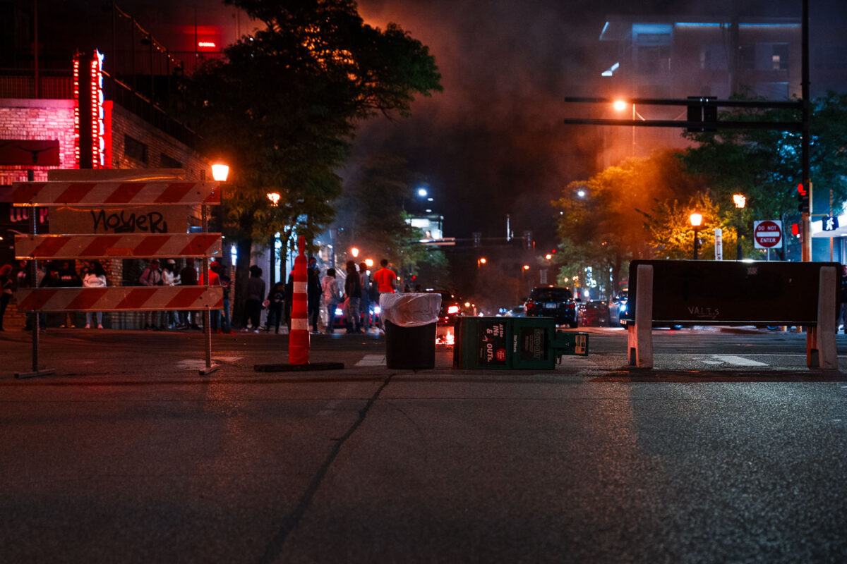 Barricades at Hennepin Ave and Lagoon Ave in Uptown Minneapolis.