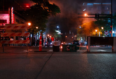 Barricades at Hennepin Ave and Lagoon Ave in Uptown Minneapolis.