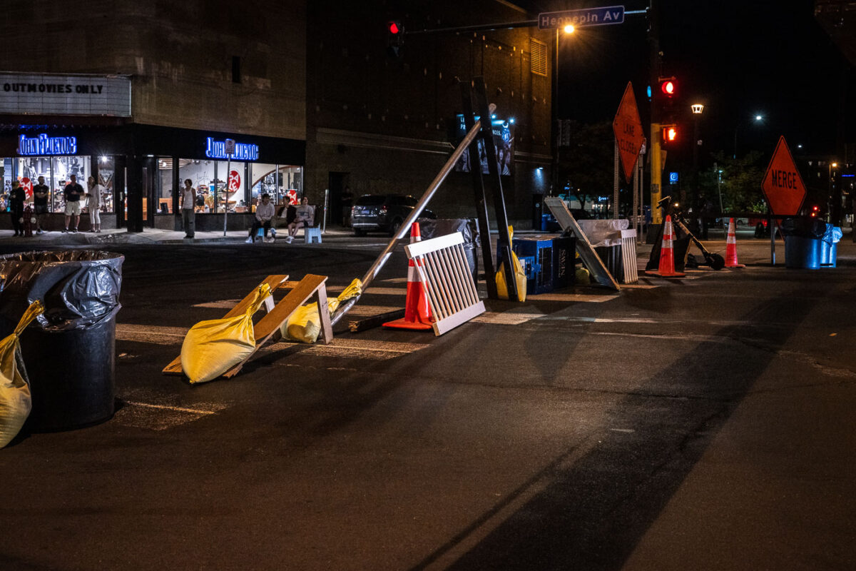 Barricades placed at Hennepin and Lagoon in Uptown Minneapolis.