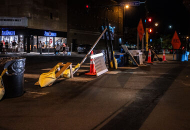 Barricades placed at Hennepin and Lagoon in Uptown Minneapolis.
