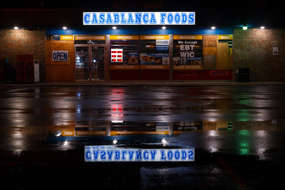 Casablanca Foods in South Minneapolis during a rainy evening.