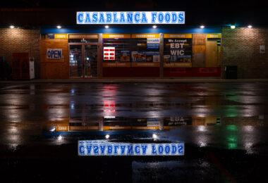 Casablanca Foods in South Minneapolis during a rainy evening.
