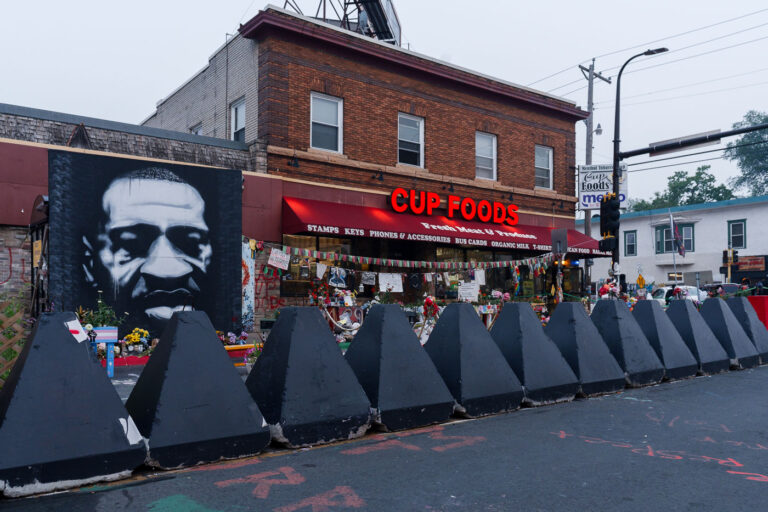 Cup Foods and George Floyd Memorial July 2021 3 A smoky evening at George Floyd Square during air quality warnings over Canadian wildfire smoke. The wildfires brought the worst on record Minnesota air quality to the state for weeks at a time.