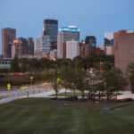 The downtown Minneapolis business district as seen from the Walker Art Center,.