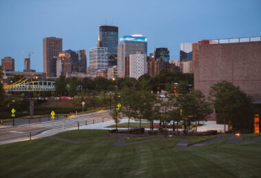 The downtown Minneapolis business district as seen from the Walker Art Center,.