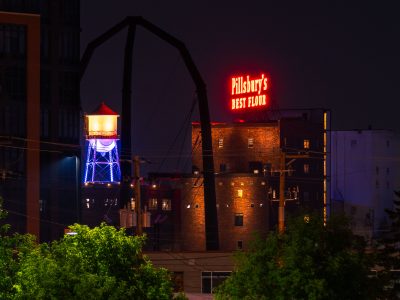 Pillsbury's Best Flour and the lit up water tower