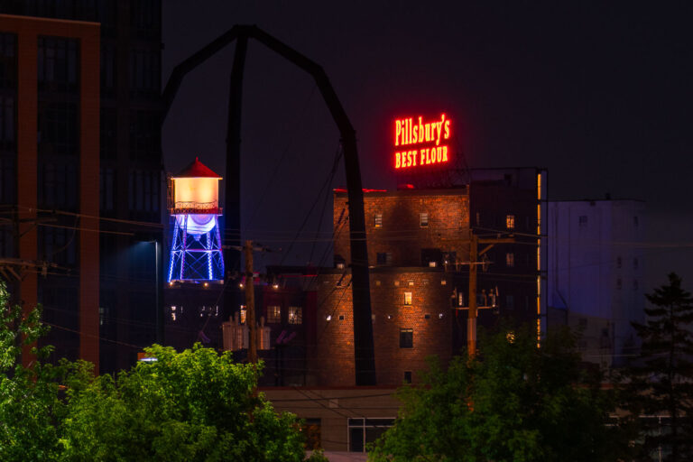 Pillsbury's Best Flour and the lit up water tower 4 The former Pillsbury flour mill near downtown Minneapolis. It's since been renovated into condos.